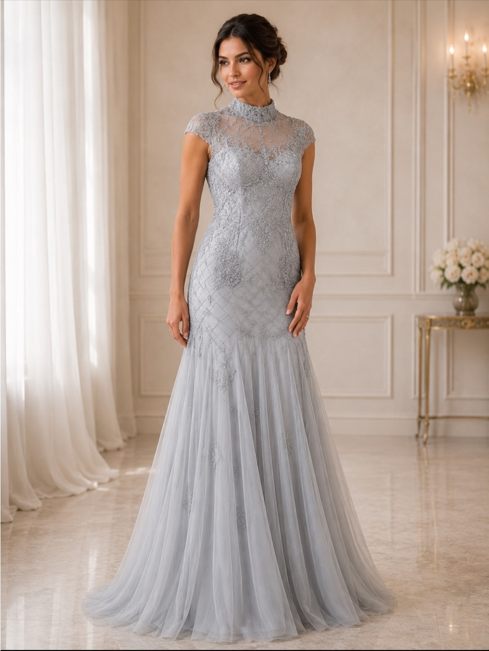 Adrianna Papell cap sleeves beaded long gown